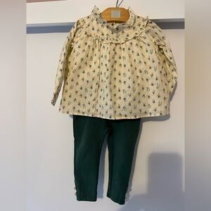 Janie and Jack floral set with long sleeve blouse and hunter green pants.